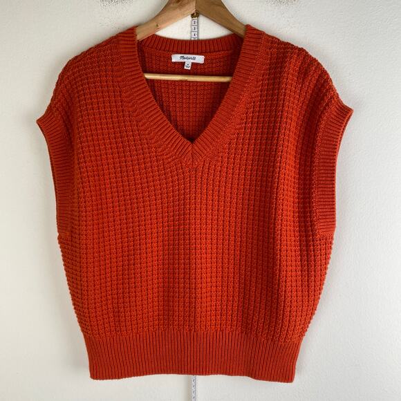 Madewell Waffle Knit Sweater Vest Size M Roasted Squash Orange Cotton Fall Layer - Picture 7 of 13